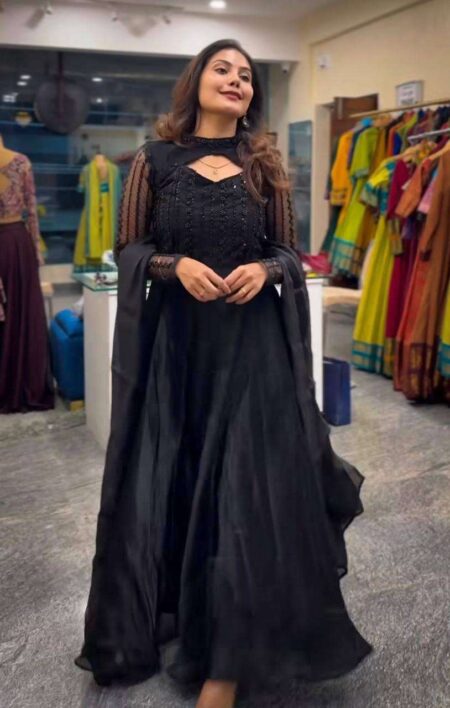 Women's Silk Heavy Embroidery Sequence Work Long Anarkali Kurti With Pant and Dupatta Set